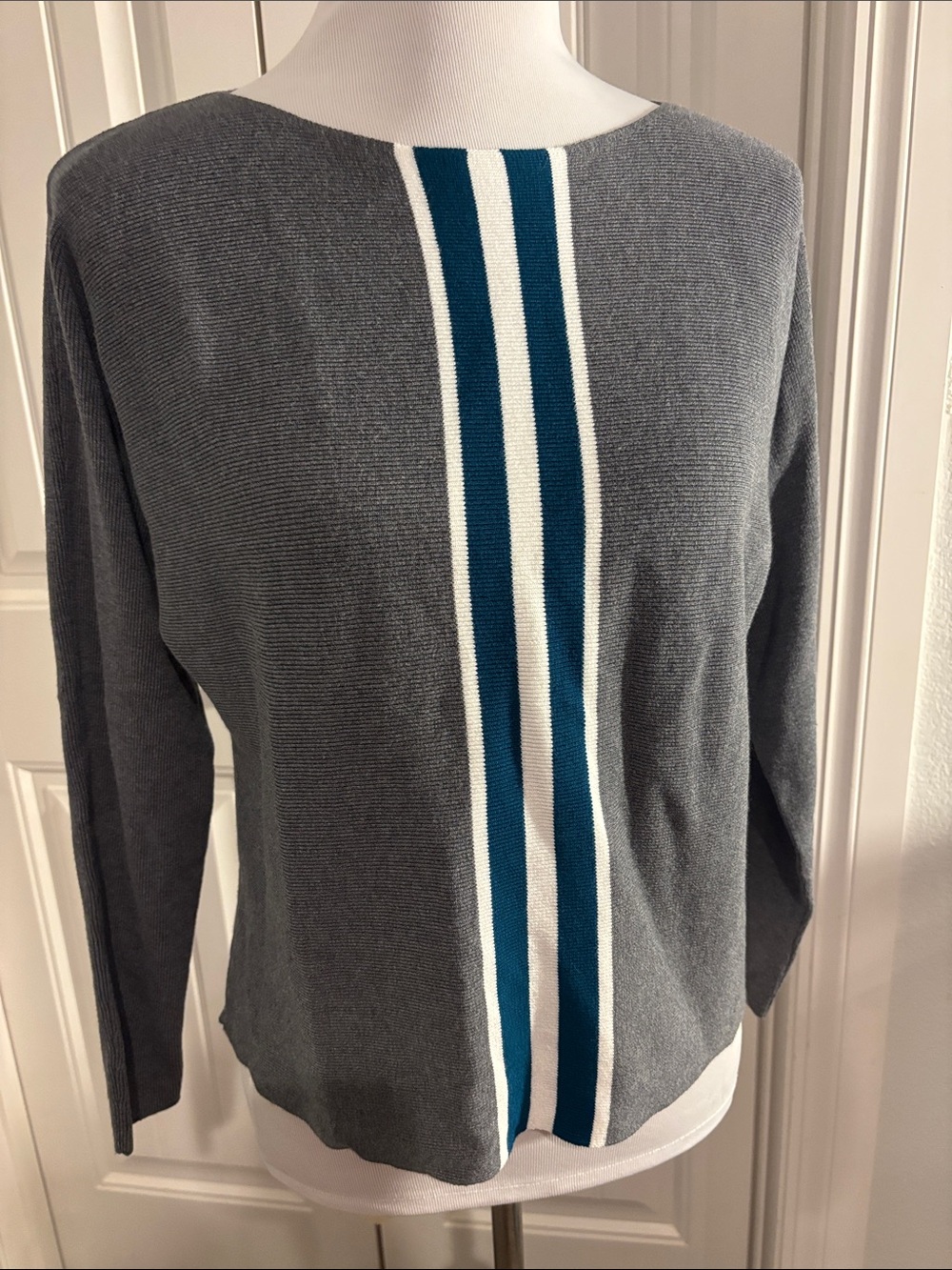 Grey Women's Knit Sweater with Teal and White Center Stripe
